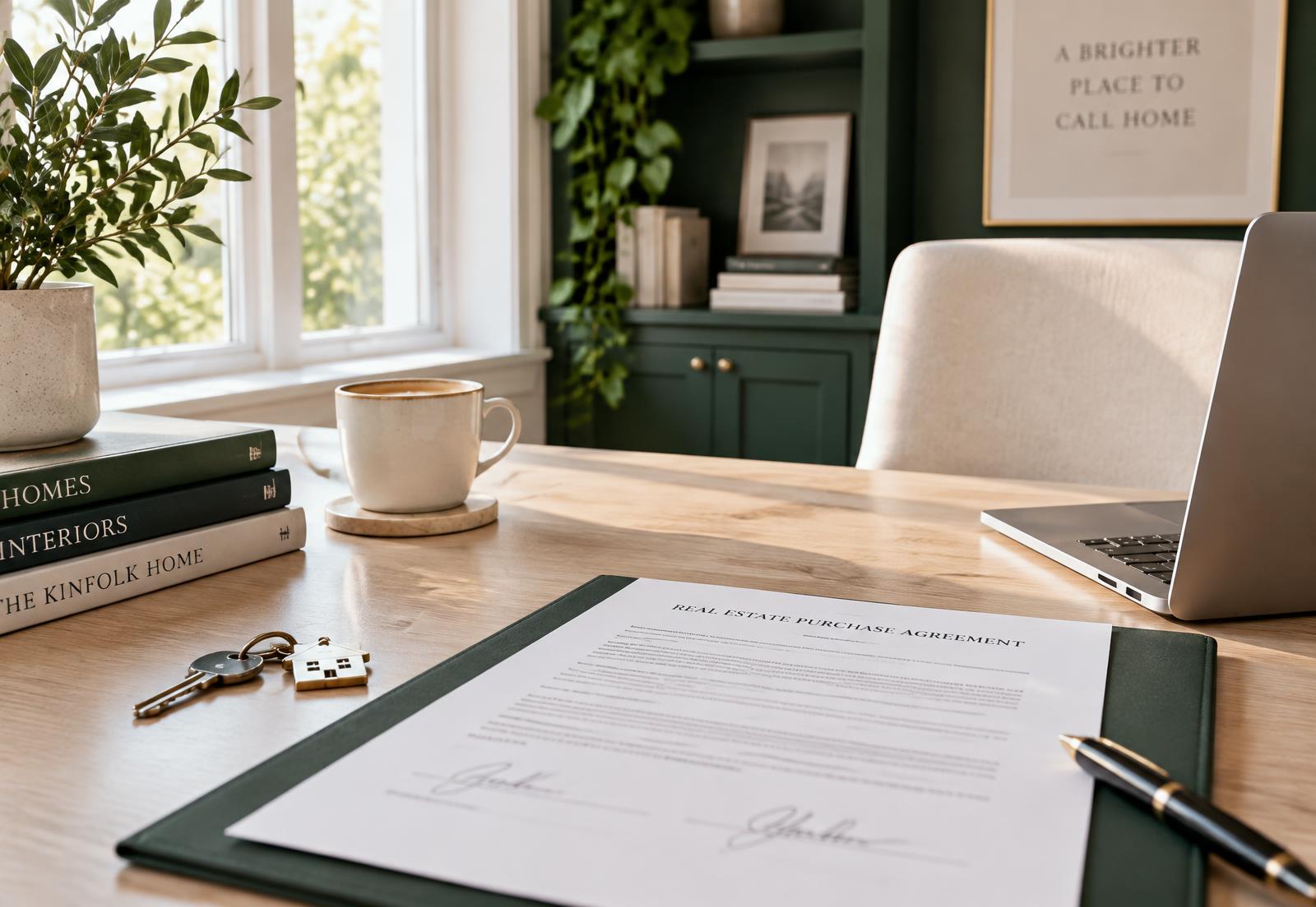 Signed real estate agreement with house keys on a desk